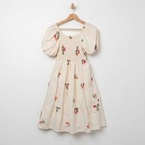 Parami Design Boho Floral Embroidery Smocked Tiered Midi Dress Large Cream